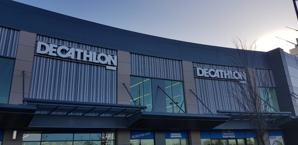 A blue Decathlon store in the Gallions Reach retail park in East London.