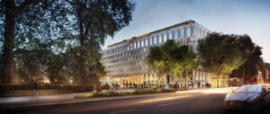 A brightly lit digitally rendered image of the 30 Grosvenor Square building in London, surrounded by trees at dusk.