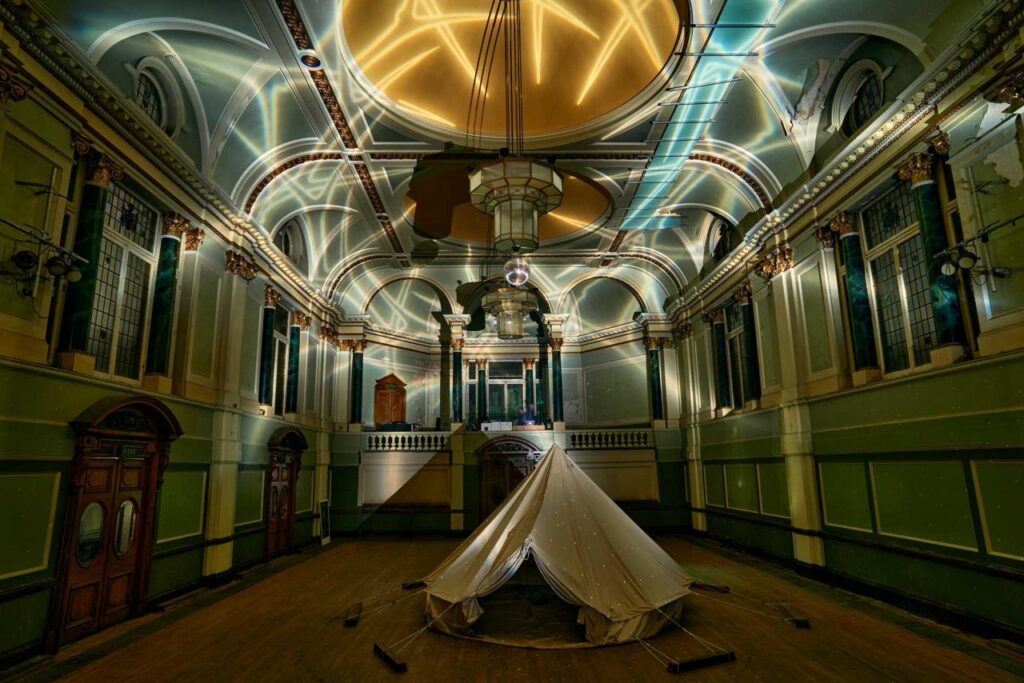 Fulham-Town-Hall-Art-Show-Installation-by-Hugo-Dalton-in-Listed-concert-hall-Credit-arts-and-collections